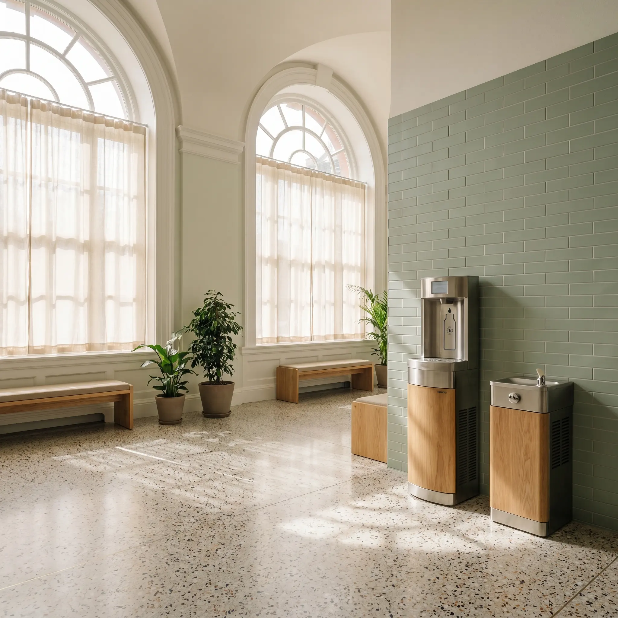 Sunlit public cooling room with mineral walls and quiet shade